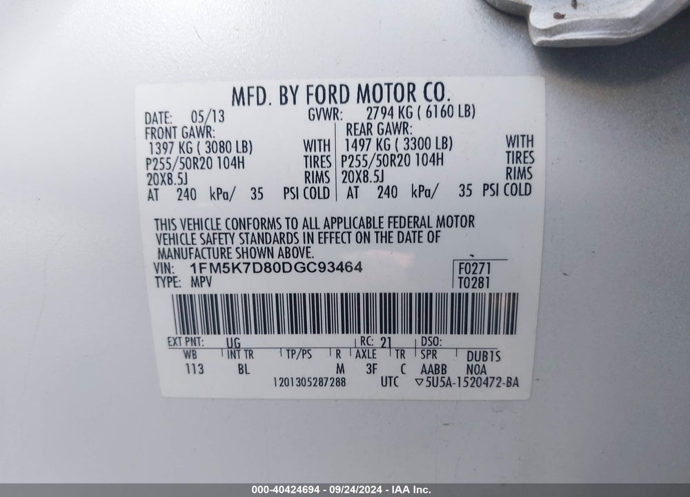 2013 FORD EXPLORER XLT VIN: 1FM5K7D80DGC93464