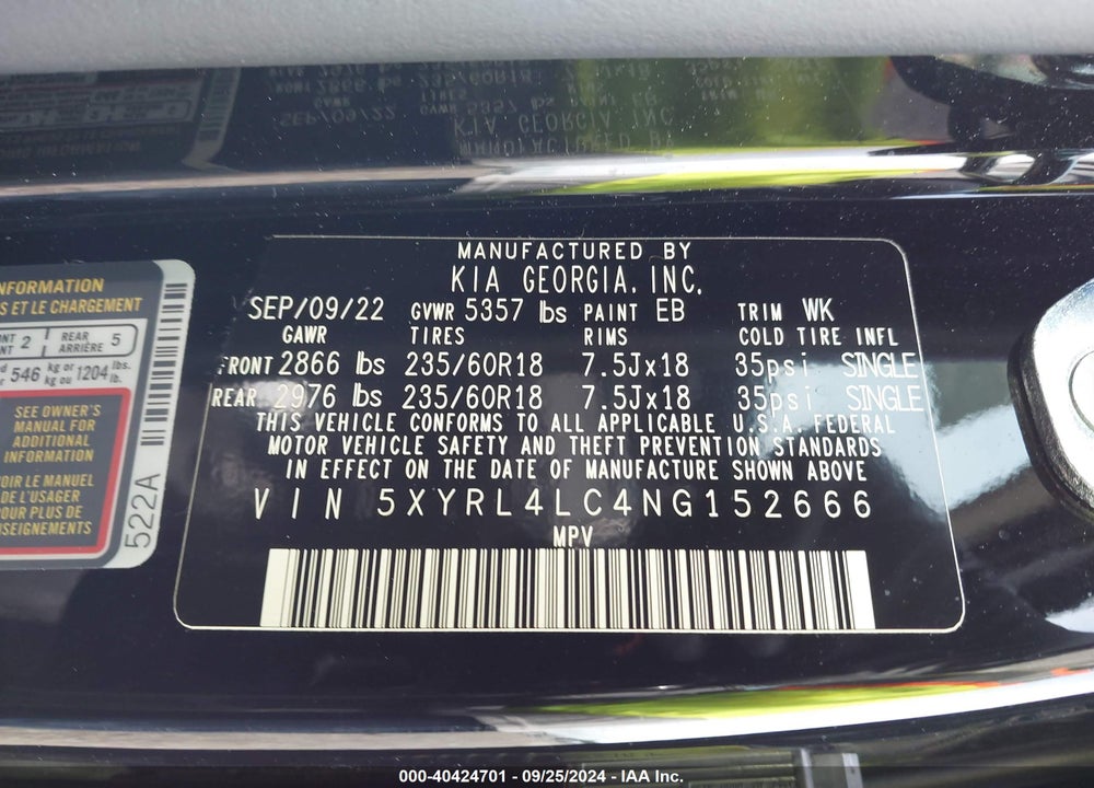 2022 KIA SORENTO S VIN: 5XYRL4LC4NG152666
