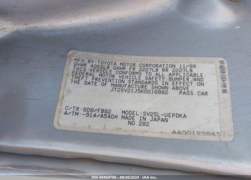 1989 TOYOTA CAMRY DLX VIN: JT2SV21J5K0016882