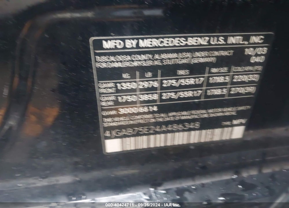 2004 MERCEDES-BENZ ML 500 4MATIC VIN: 4JGAB75E24A486348