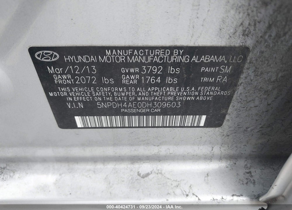 2013 HYUNDAI ELANTRA GLS VIN: 5NPDH4AE0DH309603