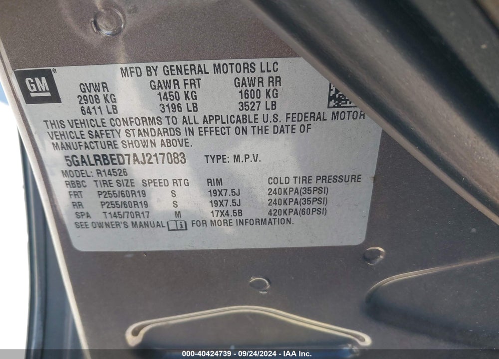 2010 BUICK ENCLAVE 1XL VIN: 5GALRBED7AJ217083