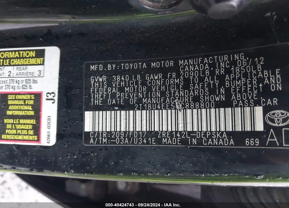 2012 TOYOTA COROLLA S VIN: 2T1BU4EE5CC888800