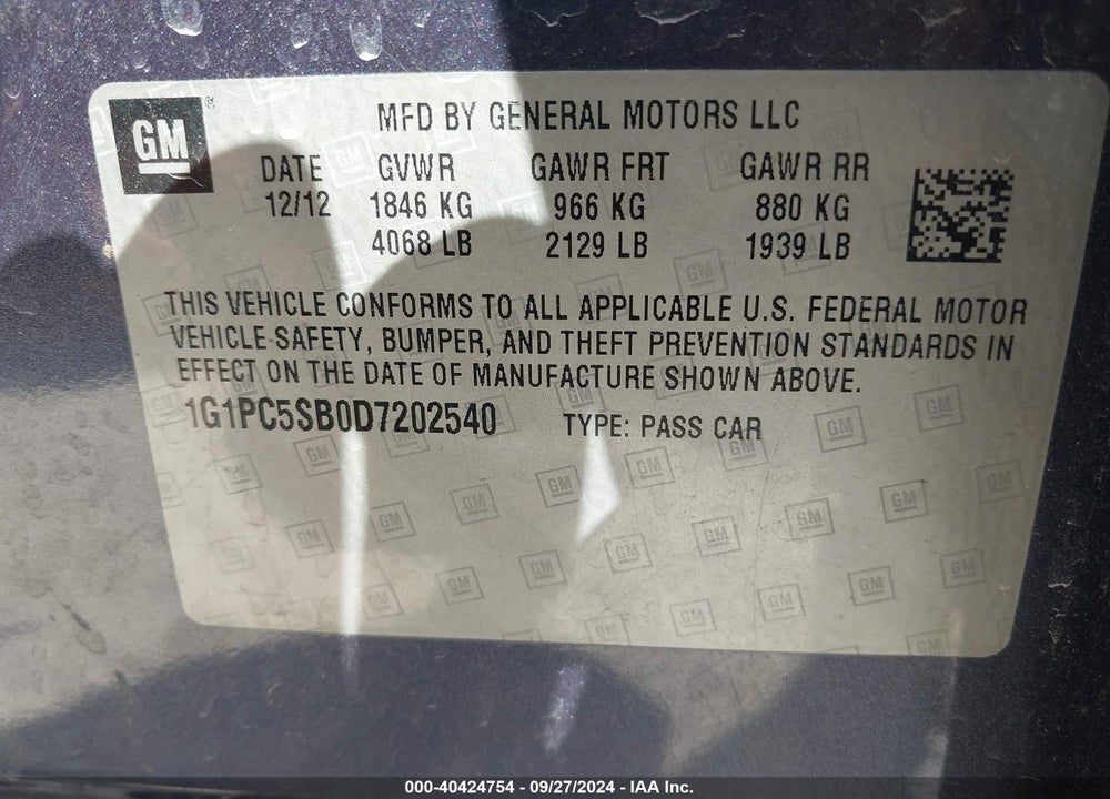 2013 CHEVROLET CRUZE 1LT AUTO VIN: 1G1PC5SB0D7202540