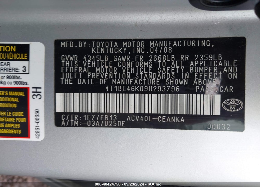 2009 TOYOTA CAMRY LE VIN: 4T1BE46K09U293796