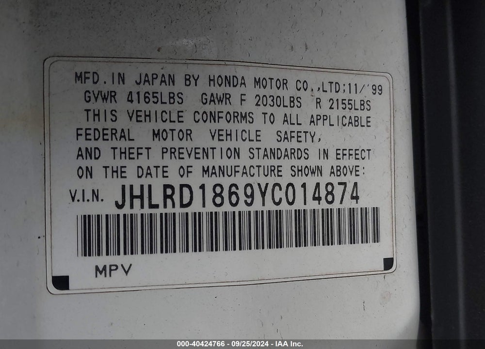 2000 HONDA CR-V EX VIN: JHLRD1869YC014874
