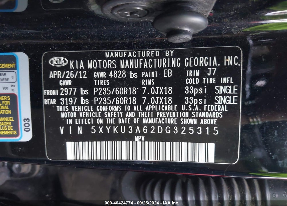 2013 KIA SORENTO EX VIN: 5XYKU3A62DG325315