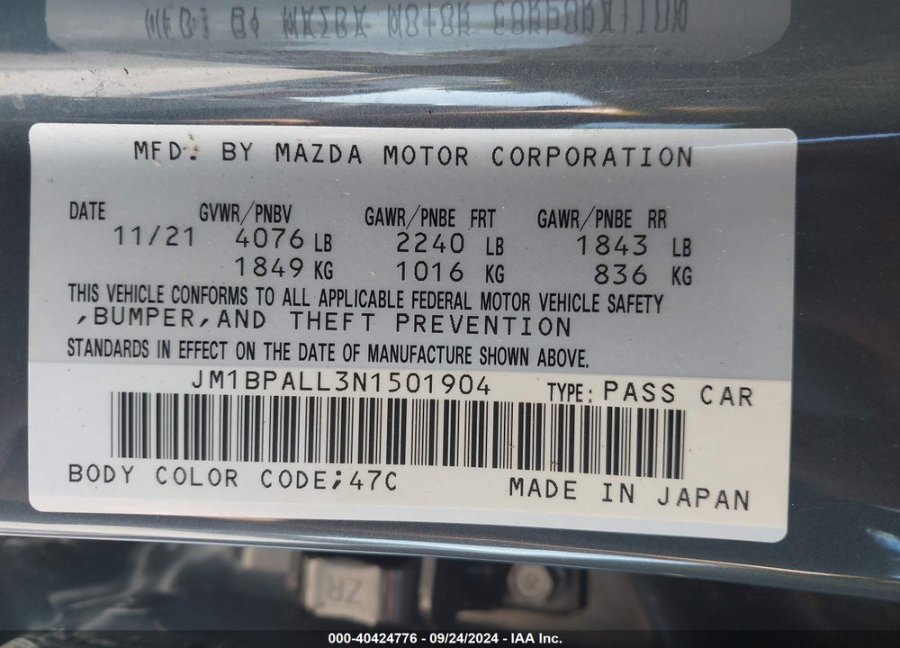 2022 MAZDA 3 CARBON EDITION VIN: JM1BPALL3N1501904