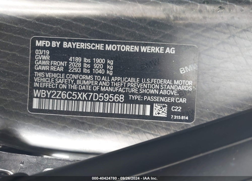 2019 BMW I8 VIN: WBY2Z6C5XK7D59568