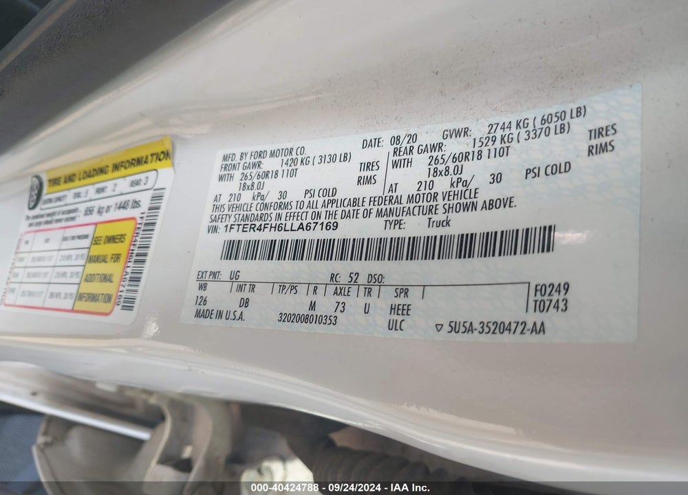 2020 FORD RANGER LARIAT VIN: 1FTER4FH6LLA67169