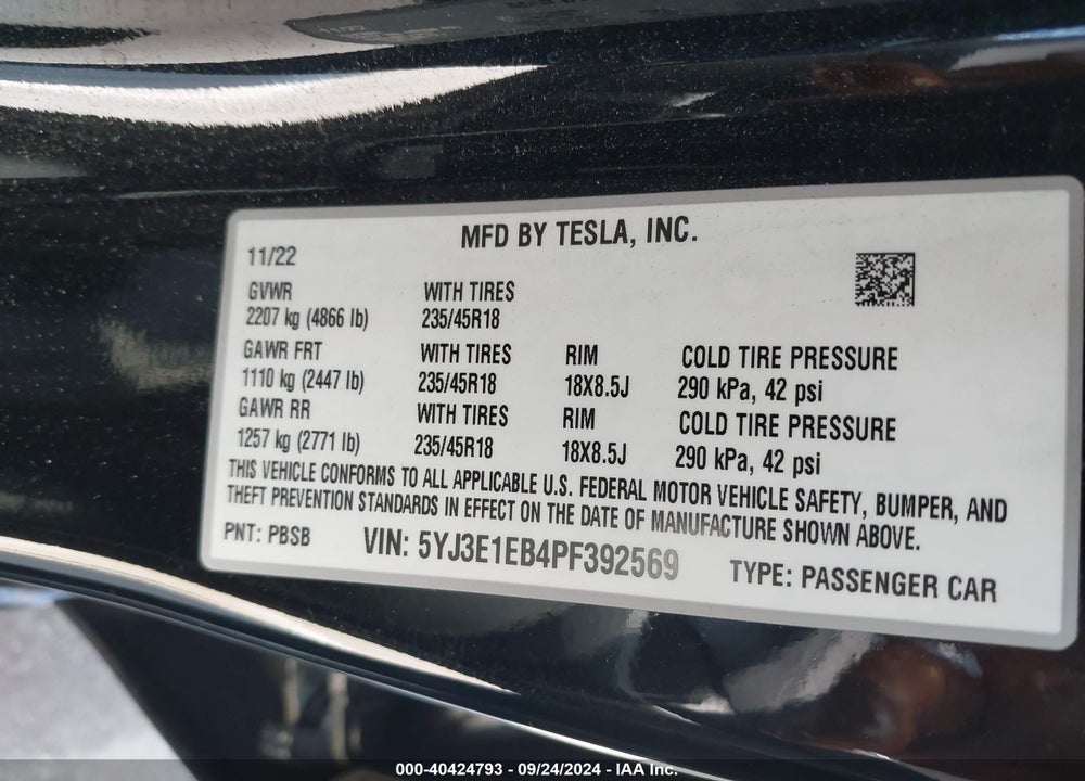 2023 TESLA MODEL 3 LONG RANGE DUAL MOTOR ALL-WHEEL DRIVE VIN: 5YJ3E1EB4PF392569