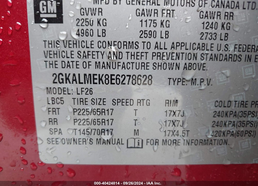 2014 GMC TERRAIN SLE-1 VIN: 2GKALMEK8E6278628