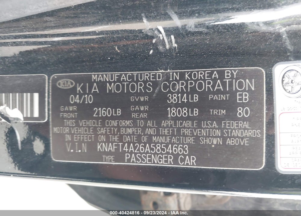2010 KIA FORTE LX VIN: KNAFT4A26A5854663