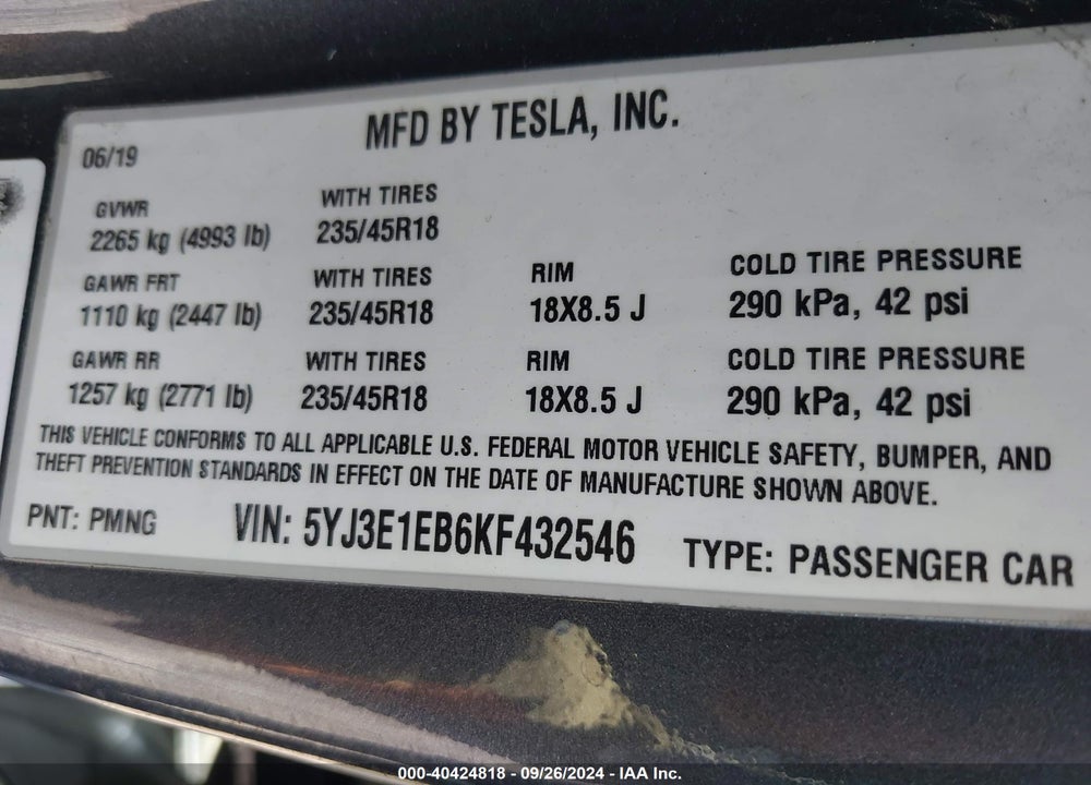 2019 TESLA MODEL 3 LONG RANGE/PERFORMANCE VIN: 5YJ3E1EB6KF432546