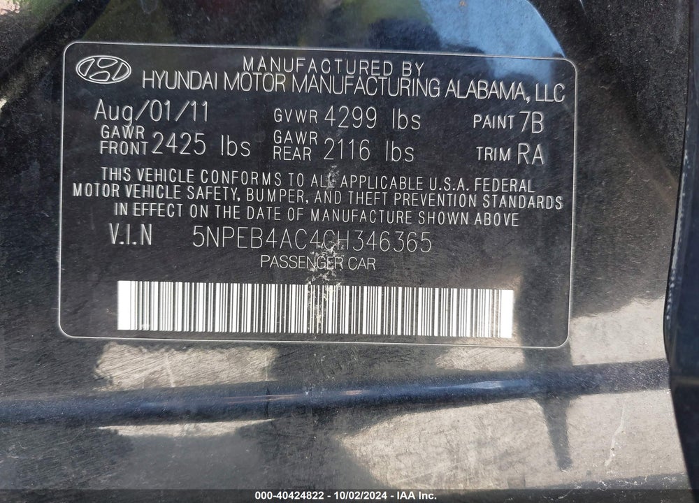 2012 HYUNDAI SONATA GLS VIN: 5NPEB4AC4CH346365