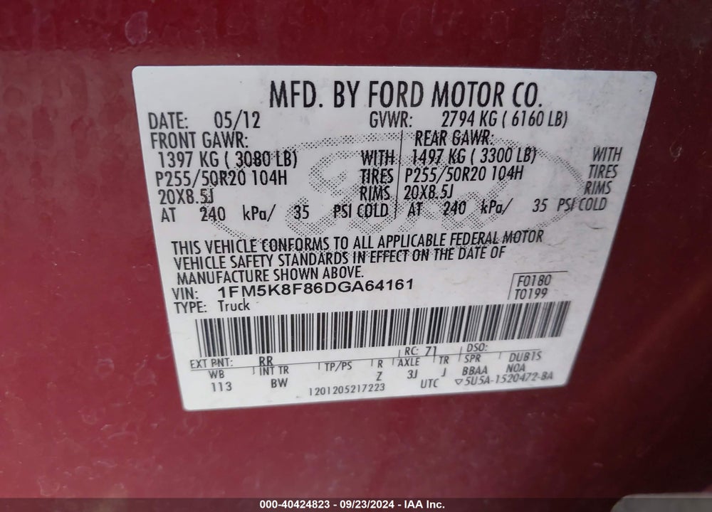2013 FORD EXPLORER LIMITED VIN: 1FM5K8F86DGA64161