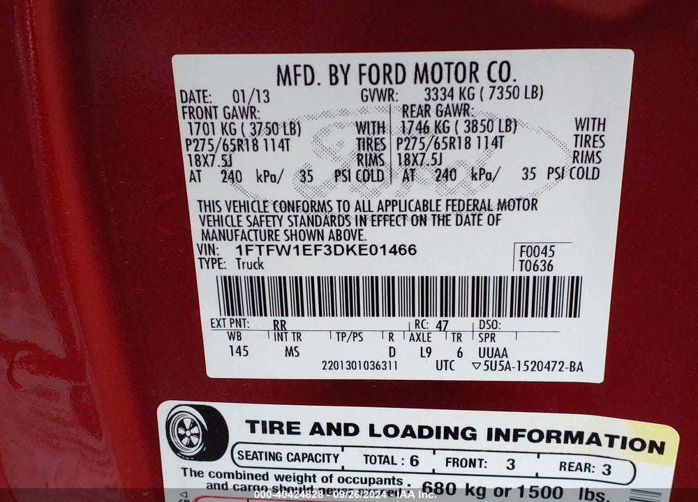 2013 FORD F-150 XLT VIN: 1FTFW1EF3DKE01466