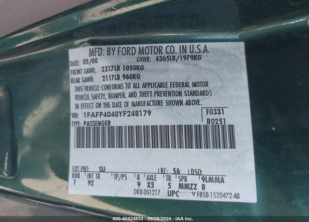 2000 FORD MUSTANG VIN: 1FAFP4040YF248179