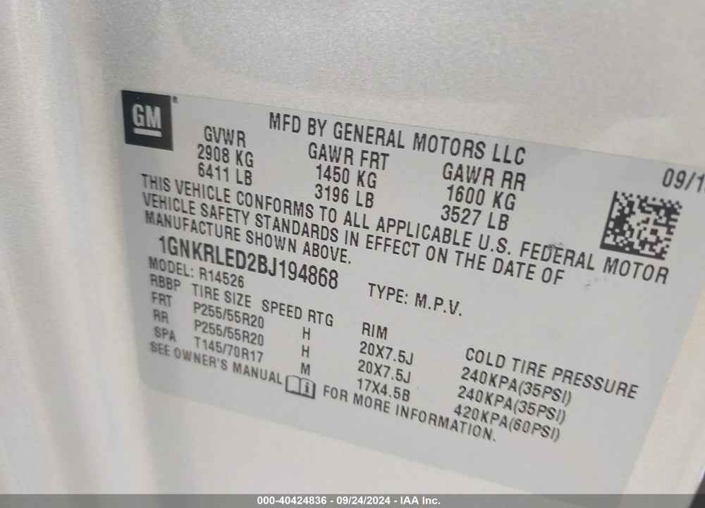 2011 CHEVROLET TRAVERSE LTZ VIN: 1GNKRLED2BJ194868