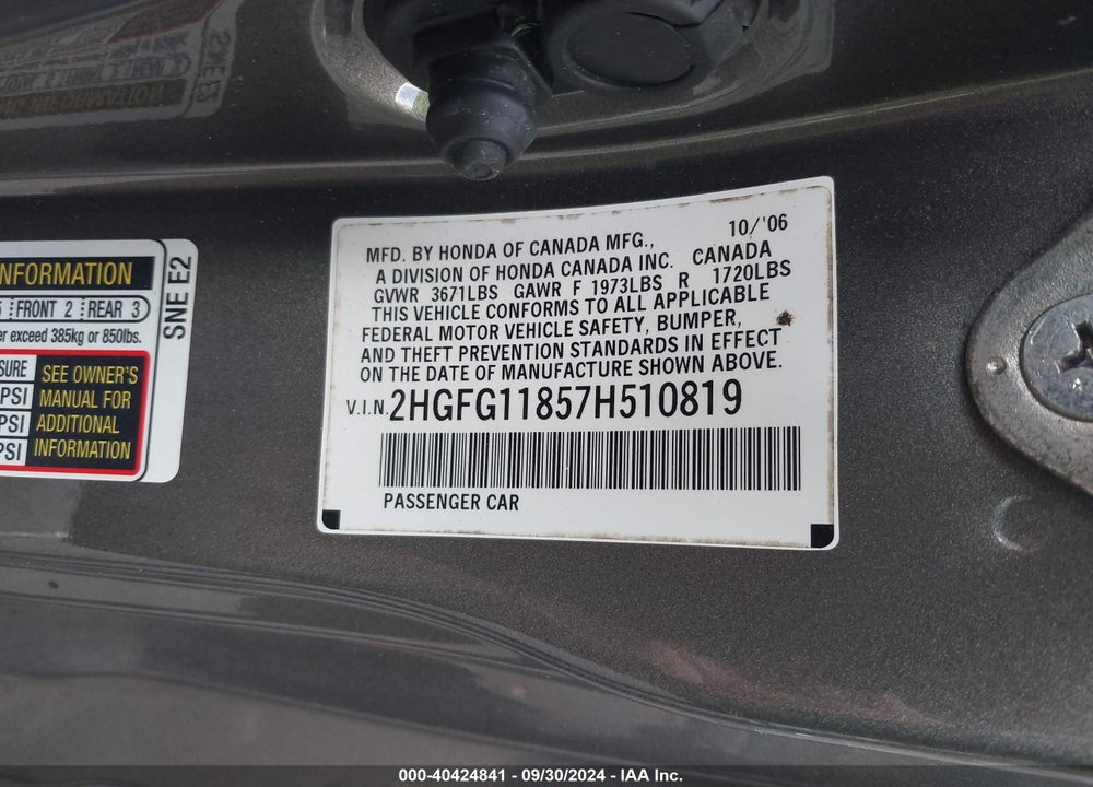 2007 HONDA CIVIC EX VIN: 2HGFG11857H510819