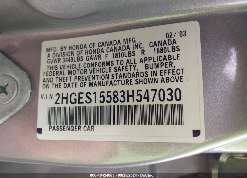 2003 HONDA CIVIC LX VIN: 2HGES15583H547030