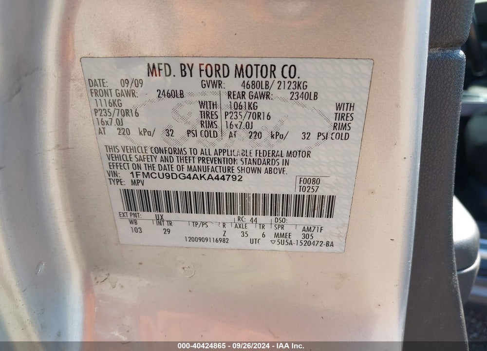 2010 FORD ESCAPE XLT VIN: 1FMCU9DG4AKA44792
