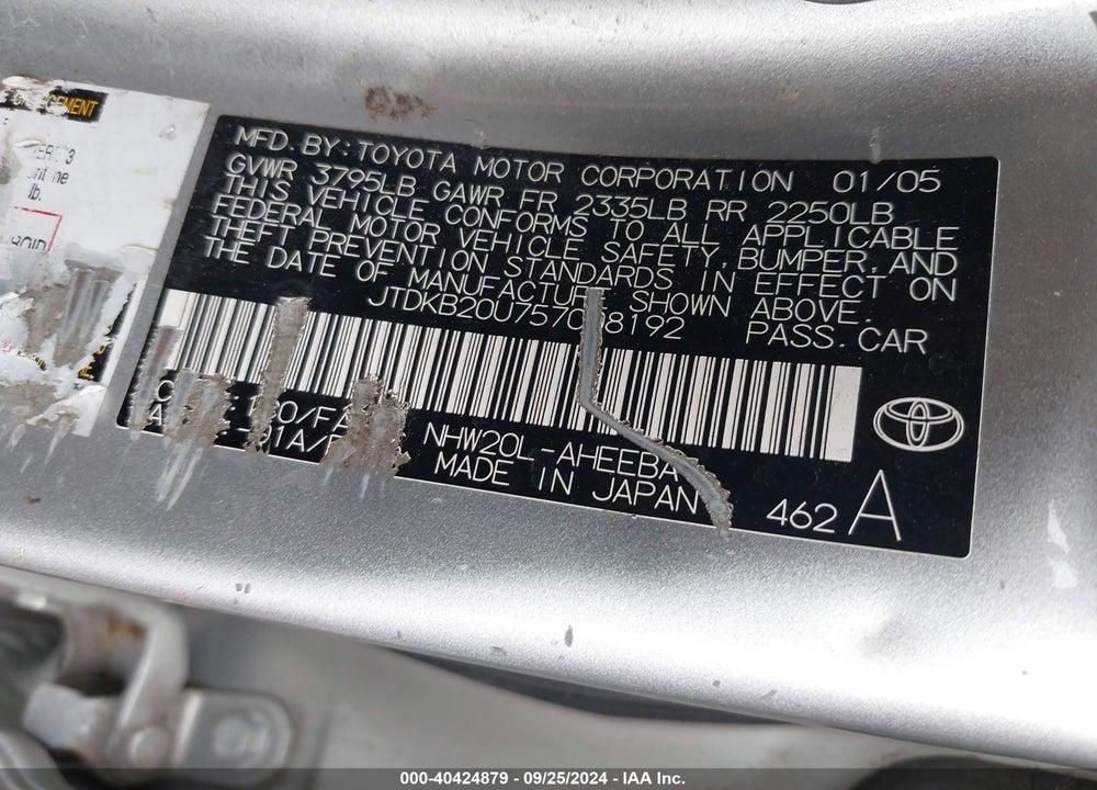 2005 TOYOTA PRIUS VIN: JTDKB20U757008192