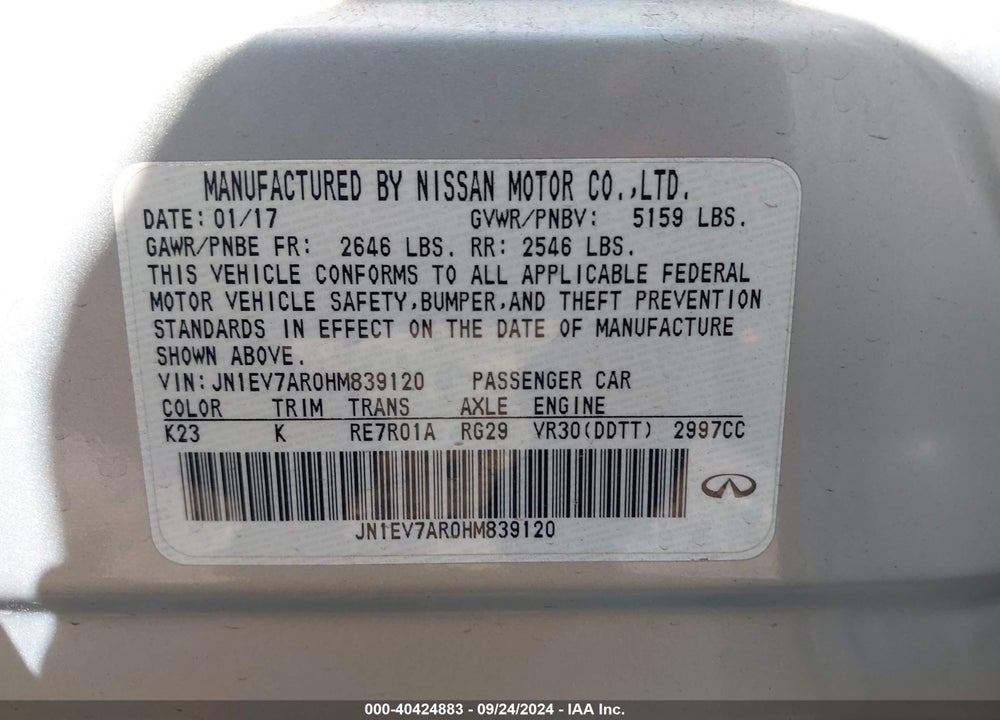 2017 INFINITI Q50 3.0T SIGNATURE EDITION VIN: JN1EV7AR0HM839120