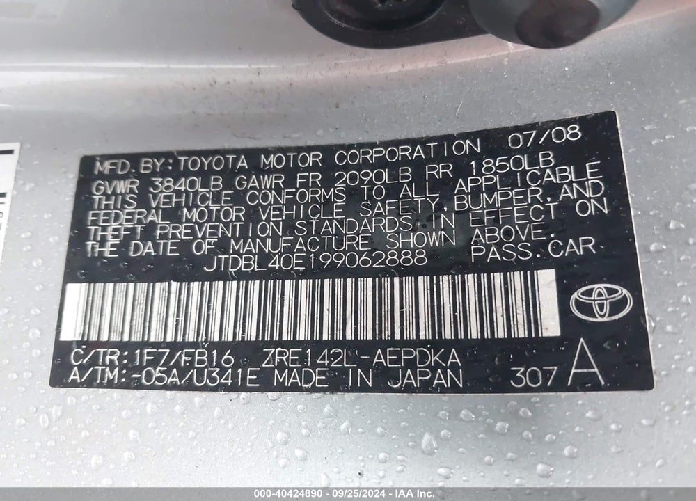 2009 TOYOTA COROLLA LE VIN: JTDBL40E199062888