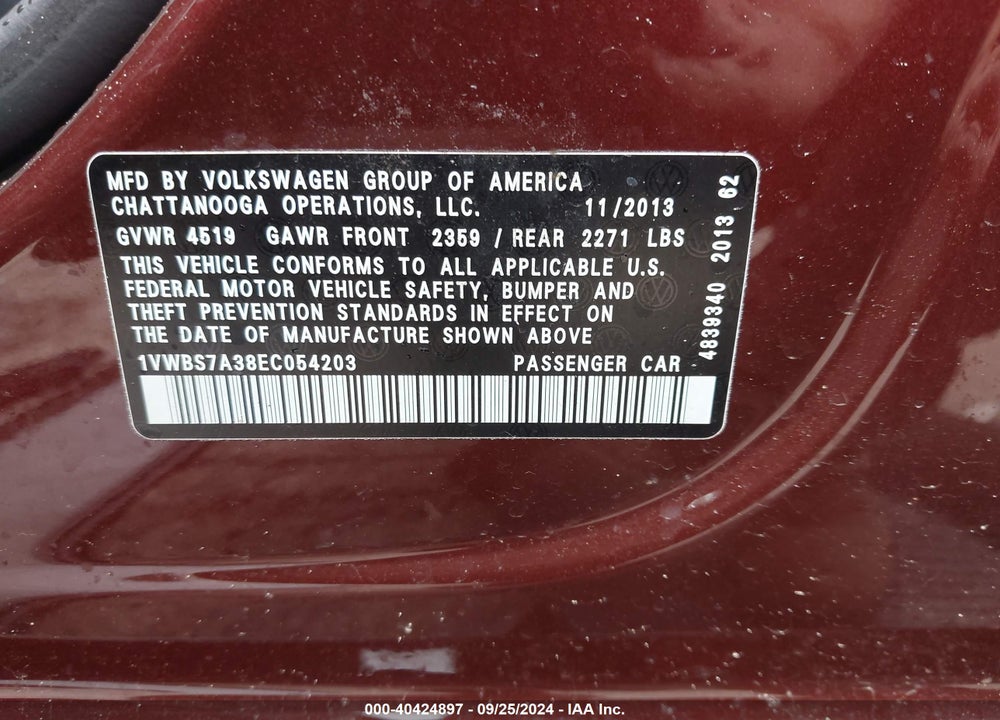 2014 VOLKSWAGEN PASSAT 1.8T SE VIN: 1VWBS7A38EC054203