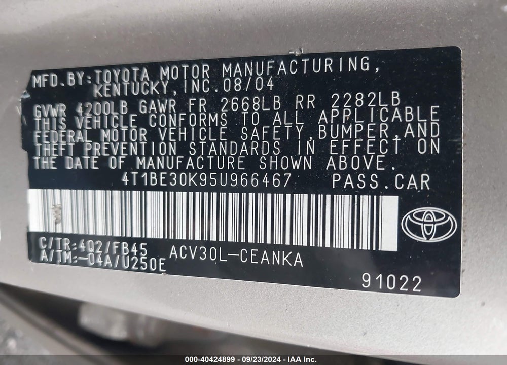 2005 TOYOTA CAMRY LE VIN: 4T1BE30K95U966467