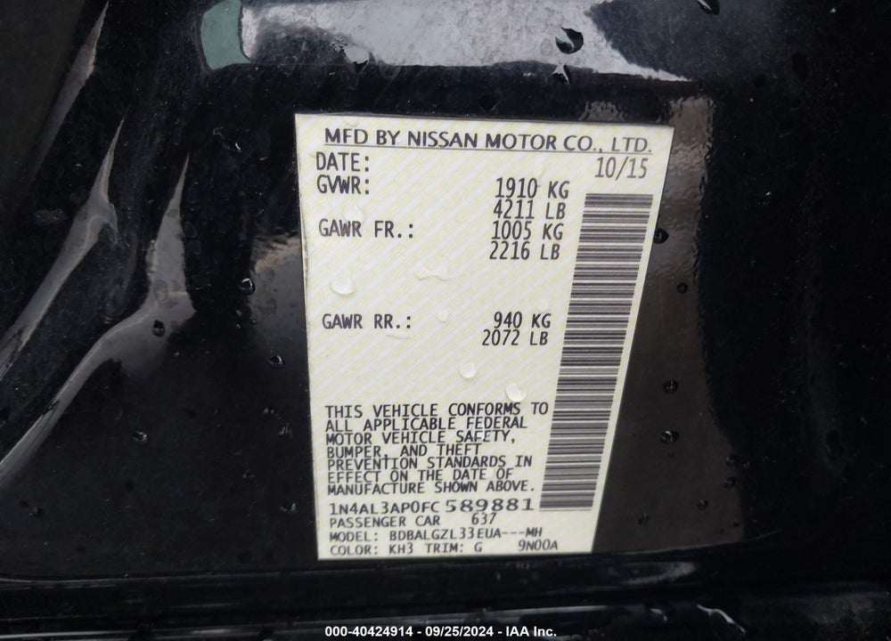 2015 NISSAN ALTIMA 2.5 S VIN: 1N4AL3AP0FC589881