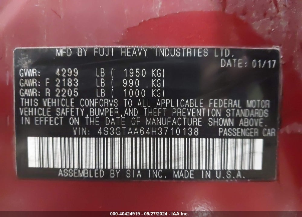 2017 SUBARU IMPREZA 2.0I VIN: 4S3GTAA64H3710138