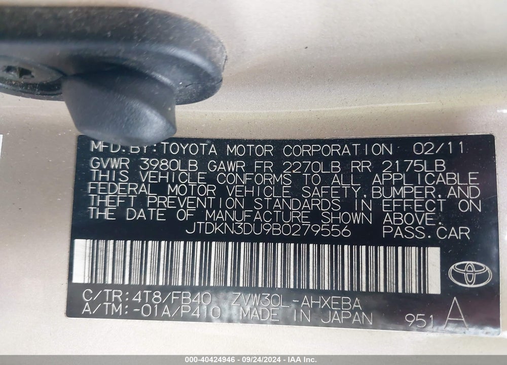 2011 TOYOTA PRIUS TWO VIN: JTDKN3DU9B0279556
