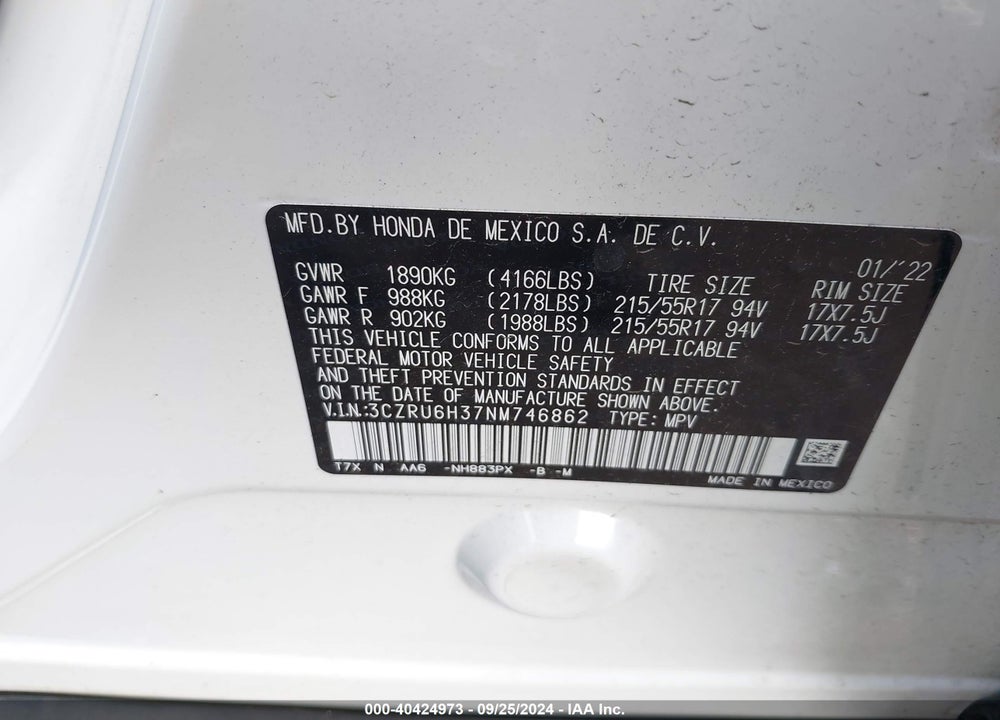 2022 HONDA HR-V AWD LX VIN: 3CZRU6H37NM746862