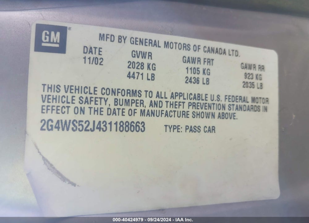 2003 BUICK CENTURY CUSTOM VIN: 2G4WS52J431188663