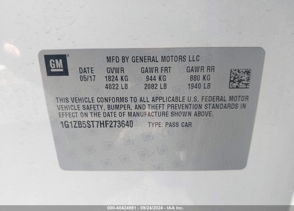 2017 CHEVROLET MALIBU LS VIN: 1G1ZB5ST7HF273640