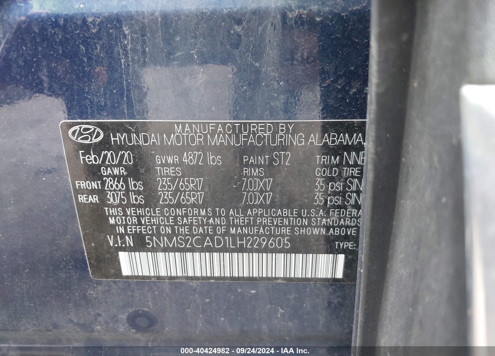 2020 HYUNDAI SANTA FE SE VIN: 5NMS2CAD1LH229605