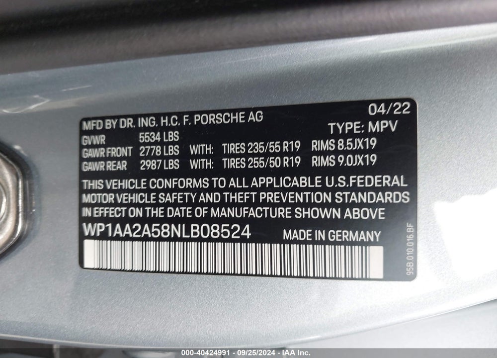 2022 PORSCHE MACAN VIN: WP1AA2A58NLB08524