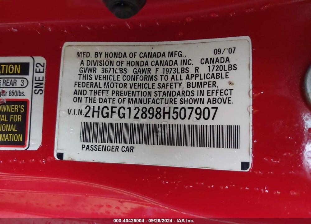 2008 HONDA CIVIC EX VIN: 2HGFG12898H507907