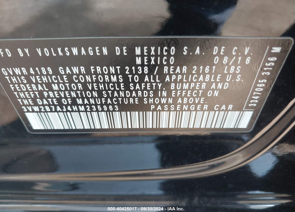2017 VOLKSWAGEN JETTA 1.4T S VIN: 3VW2B7AJ4HM235963