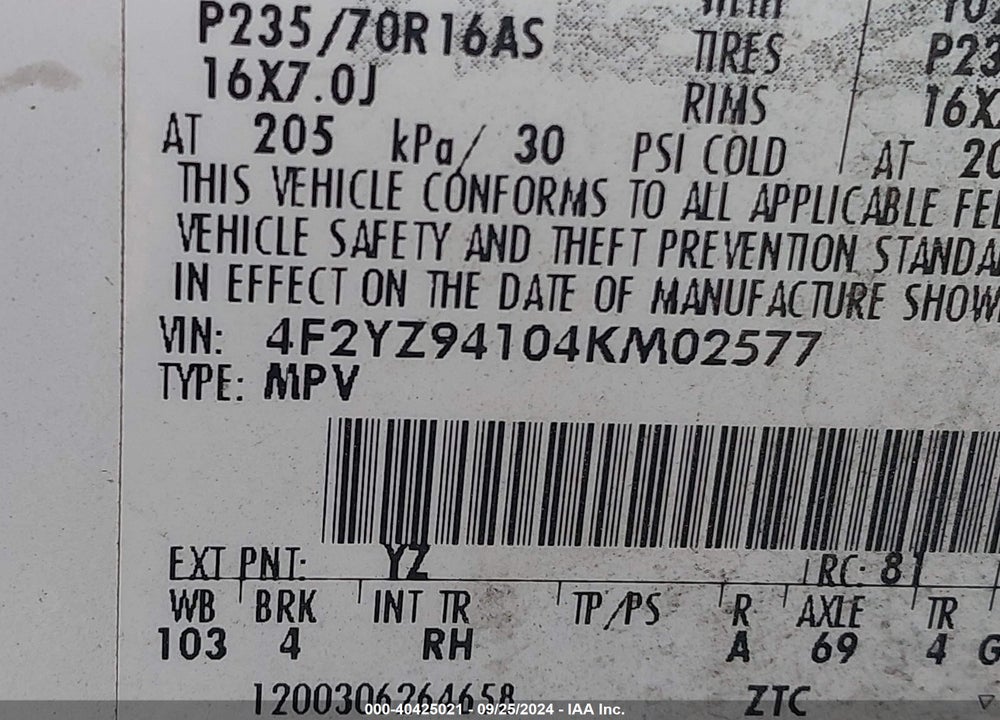 2004 MAZDA TRIBUTE LX V6 VIN: 4F2YZ94104KM02577