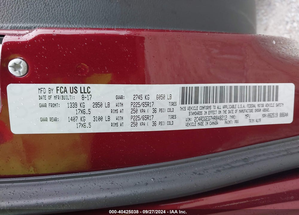 2017 DODGE GRAND CARAVAN GT VIN: 2C4RDGEG7HR848212