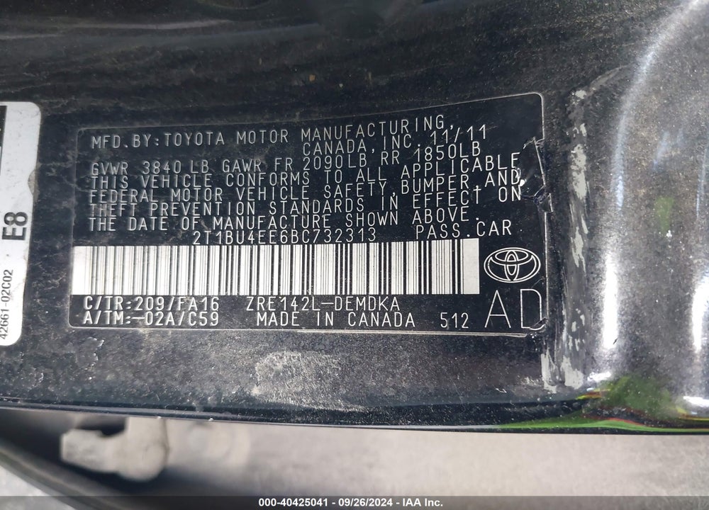 2011 TOYOTA COROLLA VIN: 2T1BU4EE6BC732313