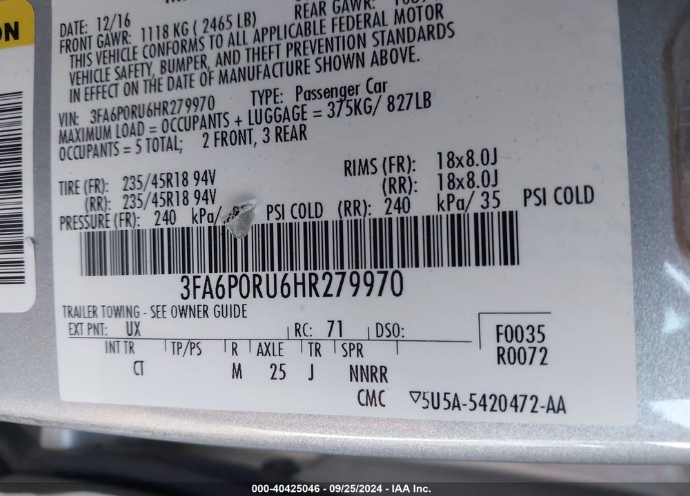 2017 FORD FUSION HYBRID TITANIUM VIN: 3FA6P0RU6HR279970