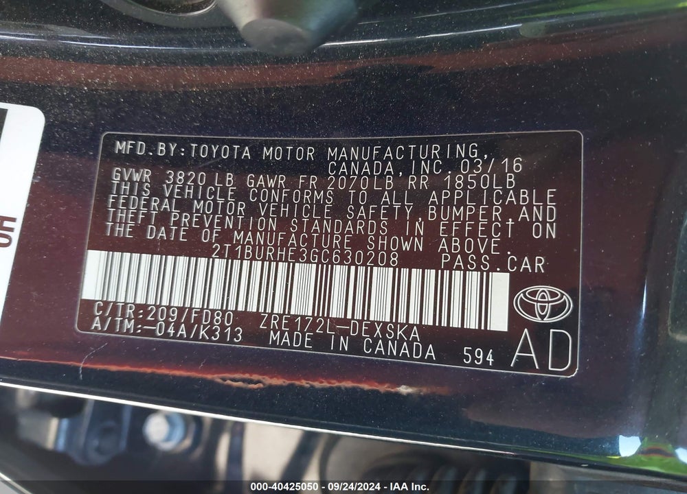 2016 TOYOTA COROLLA S PLUS VIN: 2T1BURHE3GC630208