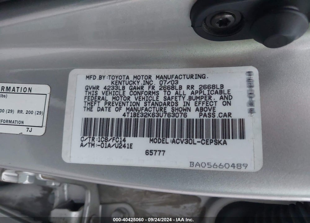 2003 TOYOTA CAMRY SE VIN: 4T1BE32K63U763076