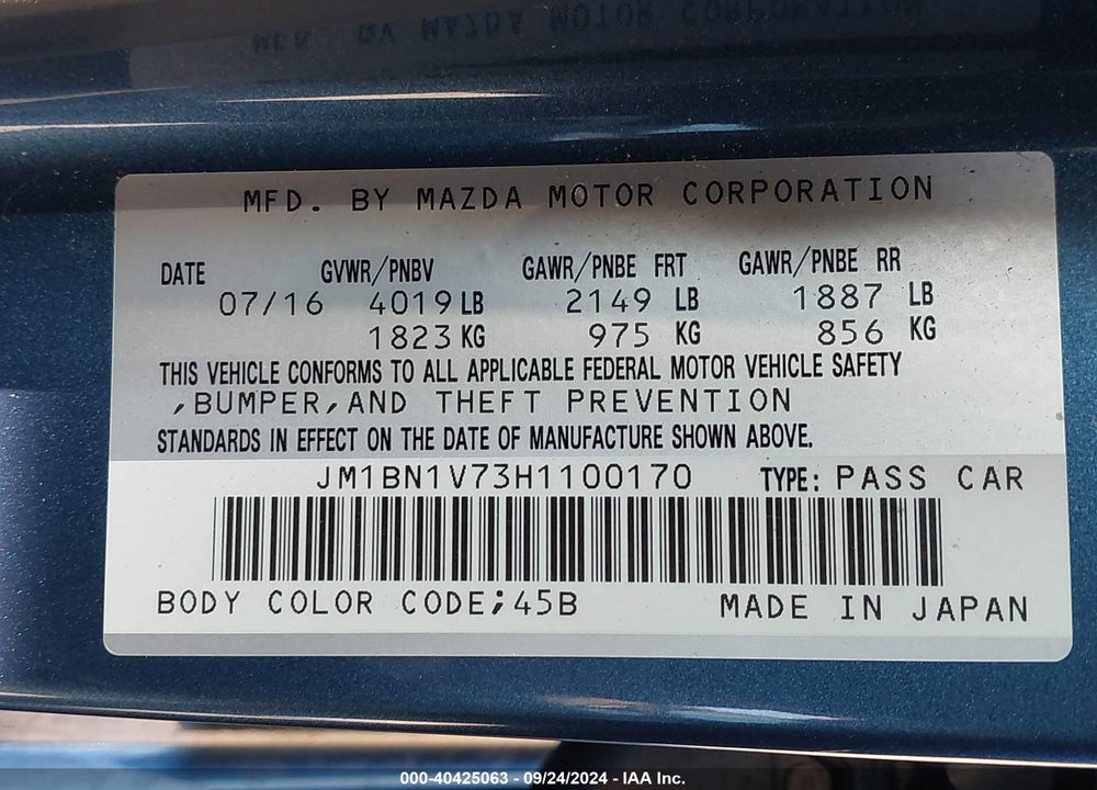 2017 MAZDA 3 TOURING VIN: JM1BN1V73H1100170