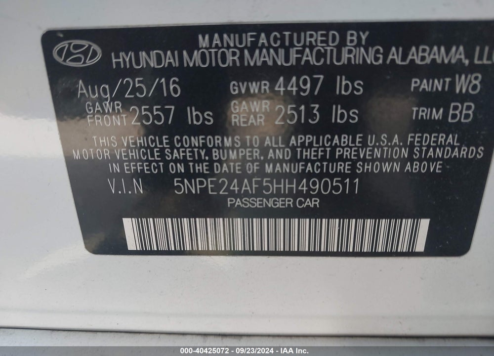 2017 HYUNDAI SONATA SE VIN: 5NPE24AF5HH490511