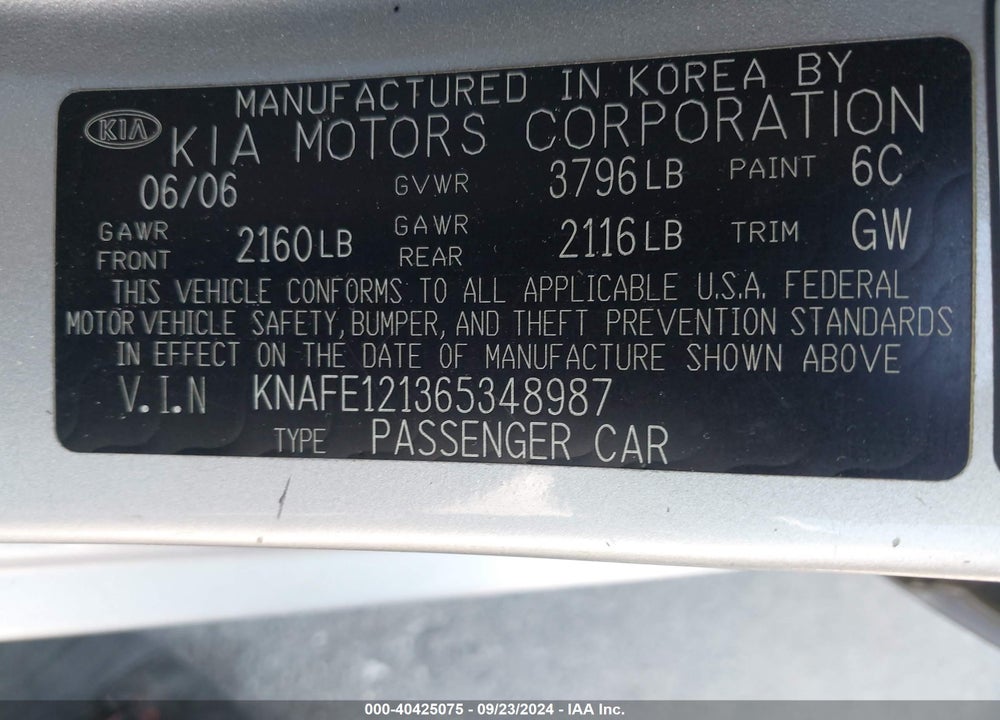 2006 KIA SPECTRA EX/LX/SX VIN: KNAFE121365348987